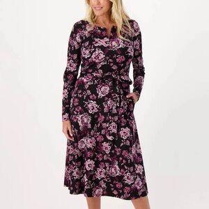 GIRL WITH CURVES Zip Front Ponte Midi Dress Berry Floral Black Purple L 14-16